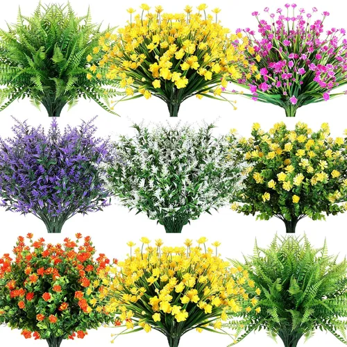 Zeyune 42 paquetes de flores artificiales falsas resistentes a los rayos UV para exteriores, arbustos de plástico, plantas que no se decoloran,