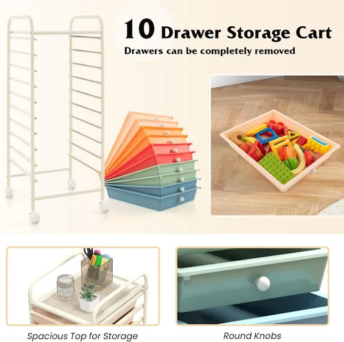 Miniatura 7 de Giantex - Carrito de almacenamiento rodante con 10 cajones con ruedas, asa, cajones removibles, unidad de almacenamiento organizadora móvil, carrito