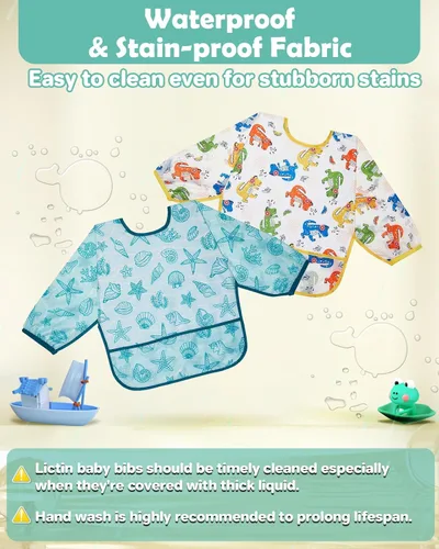 Miniatura 3 de Lictin Paquete de 3 baberos para bebé para niño o niña, lindo babero de manga larga, baberos impermeables para niños pequeños, bata de bebé