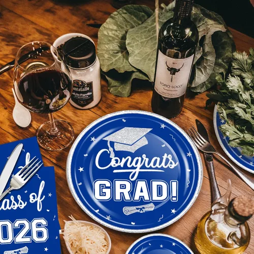Miniatura 6 de OuMuaMua suministros de vajilla para fiesta de graduación 2026 - 200 piezas, platos y servilletas desechables azules y blancas para la decoración