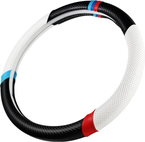 Miniatura 9 de Funda para volante de fibra de carbono + cuero con franjas deportivas en la parte superior, antideslizante y absorbente de sudor, ajuste universal