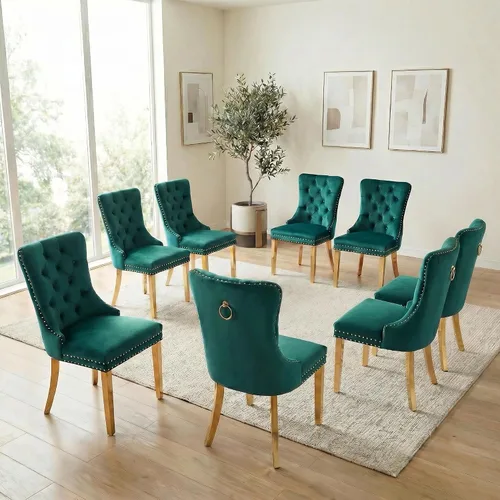 Miniatura 15 de Juego de 6 sillas de comedor de terciopelo, sillas tapizadas con respaldo alto capitoné con ribete de cabeza de clavo y anillo de tracción, patas