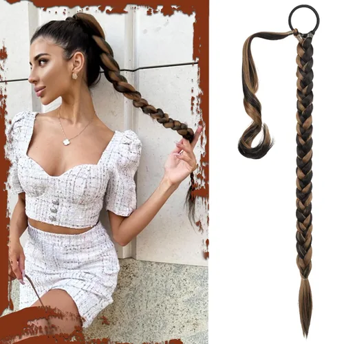 Miniatura 65 de Sofeiyan Extensión de cola de caballo de trenza larga con banda para el cabello, lacio, elegante, envolvente, extensiones de cabello trenzado, cola