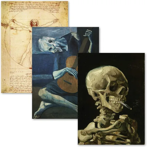 Paquete de 3 – Vitruvian Man por Leonardo Da Vinci + The Old Guitarist por Pablo Picasso + póster de esqueleto de Van Gogh – impresiones artísticas