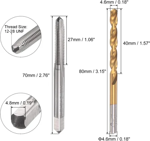 Miniatura 2 de uxcell 12-28 UNF Straight Flute Thread Tap y 0.181 in Twist Drill Broca Set, Titanium Plated 6542 Acero de Alta Velocidad Broca de Perforación