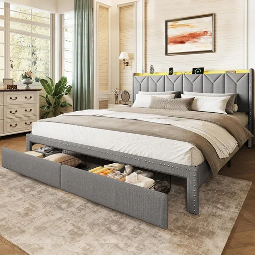 Miniatura 12 de WLIVE Base de cama tapizada de tamaño matrimonial con cabecera de ala de 48 pulgadas de alto, cama cuadrada de terciopelo con estación de carga