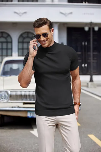 Miniatura 2 de COOFANDY Suéter de cuello alto falso para hombre, de manga corta, color sólido, básico, ajustado, de punto