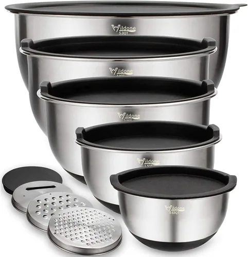 Wildone Juego de Tazones Mezcladores con Tapas Herméticas, 5PCS Tazones de Acero Inoxidable Anidables para Cocina, con Accesorios de Rallador y