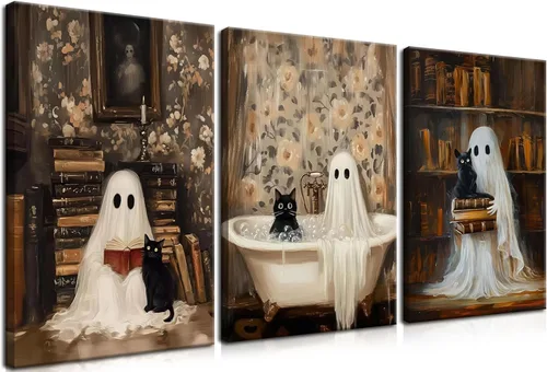 Miniatura 11 de Lienzo de pared de Halloween con marco de madera gótica para sala de estar, juego de 3 impresiones románticas de cuervo y mariposa, decoración