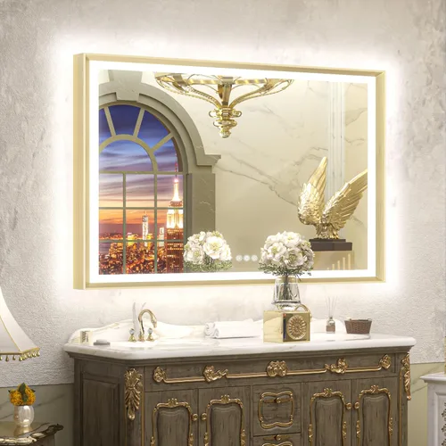 Miniatura 13 de TETOTE Espejo LED dorado para baño, marco de metal de 20 x 28 pulgadas, espejo de tocador iluminado frontal y retroiluminado, barroco, antiniebla