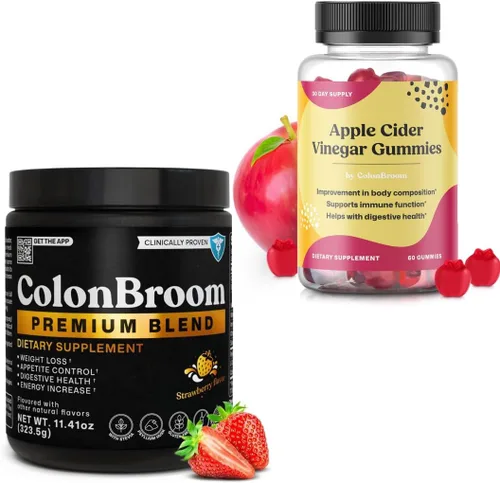 ColonBroom Suplemento en polvo prémium (fresa, 50 porciones) + gomitas de vinagre de sidra de manzana para mujeres, apoya la composición corporal,