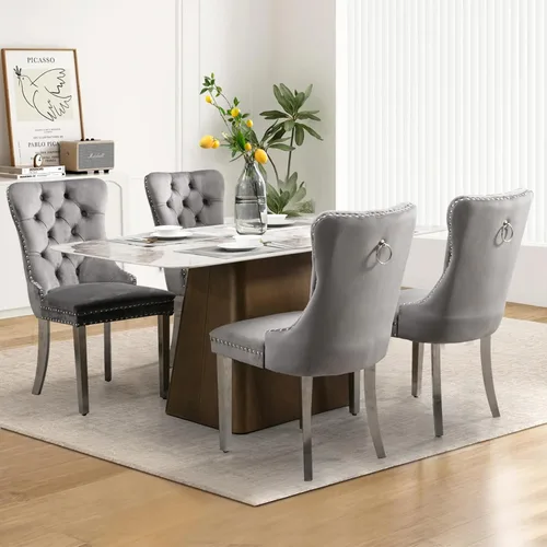 Miniatura 85 de Juego de 2 sillas de comedor tapizadas de tela de lino, sillas de cocina modernas de mediados de siglo con respaldo alto, ribete de cabeza de clavo