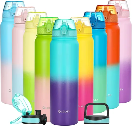 Miniatura 23 de Oldley Botella de Agua Aislada con Pajilla de 20oz, Botellas de Agua de Acero Inoxidable con 3 Tapas, Aislamiento al Vacío de Doble Pared Térmica