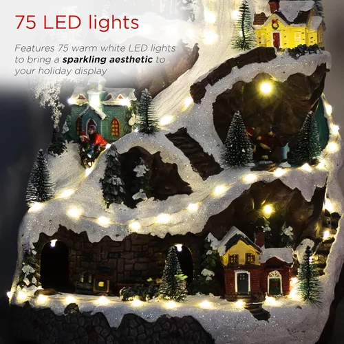 Miniatura 5 de Alpine Corporation Juego animado de invierno de 18 pulgadas de alto con 75 luces LED, música, tren móvil, decoración navideña de mesa Pueblo