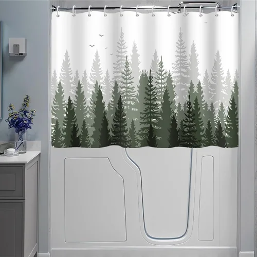 Miniatura 16 de Cortina de Ducha y Ventana, Cortina Verde y Gris de Bosque Pequeña y Corta Impermeable para Baño con Ganchos, 30x36 Pulgadas