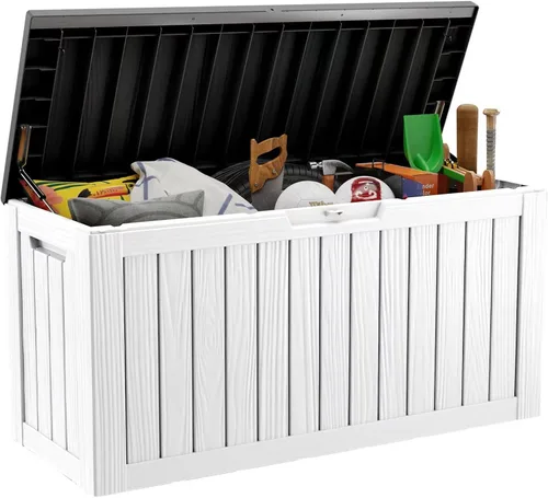 Miniatura 17 de Caja de almacenamiento para exteriores de 35 galones, caja de resina impermeable y con cierre para terraza, grande, contenedor de almacenamiento