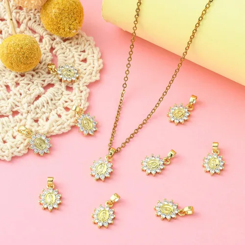 Miniatura 5 de Stiesy 10 dijes de circonita cúbica transparente de Virgen María, chapados en oro de 18 quilates, dije religioso para rosario, collar, joyería, Flor