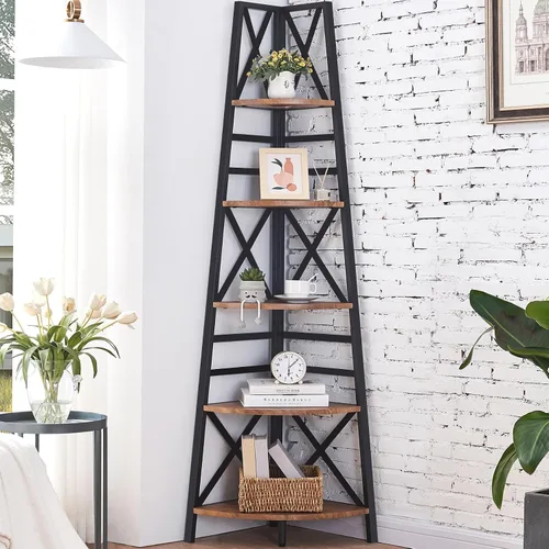 HOMBAZAAR Estantería de Esquina de 72 Pulgadas de Alto, Librero de Esquina Tipo Escalera de 5 Niveles, Librero de Esquina Alto con Marco de Metal,