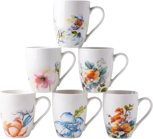 GBhome Juego de 6 tazas de café de 12 onzas, tazas de café de cerámica con flores adhesivas para hombre, mujer, mamá, papá, juego de tazas de café