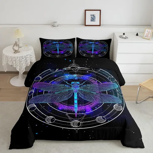 Miniatura 52 de Castle Fairy Juego de edredón con diseño de gato lindo para niños, tamaño twin, juego de ropa de cama con hojas de flores, luna, noche y cielo