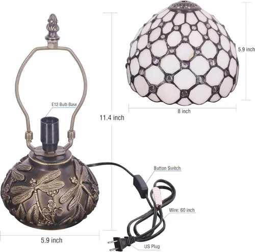 Miniatura 6 de Lámpara Tiffany Pequeña Mini Lámpara de Mesa de Vidrio Teñido Perlas Crema Estilo Seta Luz de Escritorio Lámpara de Memoria Simpatía 8X11 Pulgadas