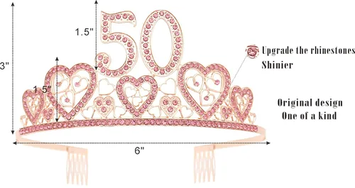 Miniatura 3 de Banda y tiara de cumpleaños número 50 para mujer, fabulosa banda con purpurina + corazones de diamantes de imitación, tiara de metal rosa de alta