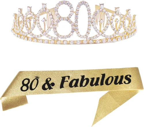 Tiara y banda de cumpleaños número 80, suministros para fiesta de cumpleaños número 80, banda de satén con purpurina dorada y tiara de cristal,