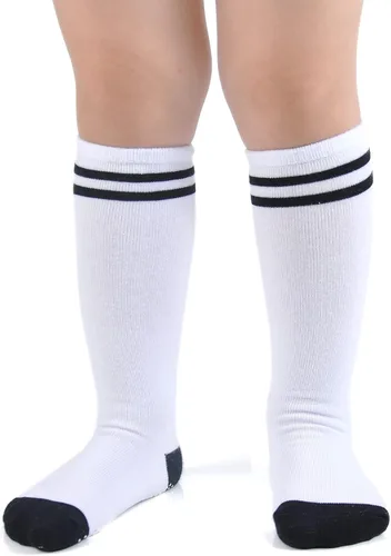 Miniatura 3 de EPEIUS Calcetines altos hasta la rodilla con agarre antideslizante Toddller Athletic Stripe Team Tube Calcetines para niños y niñas, paquete de 5