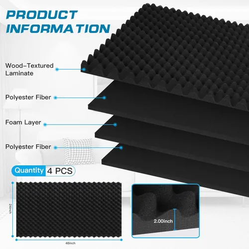 Miniatura 6 de Paquete de 4 paneles acústicos de 48 x 24 x 2 pulgadas, paneles de pared de espuma insonorizados para cajas de huevos, paneles de espuma a prueba