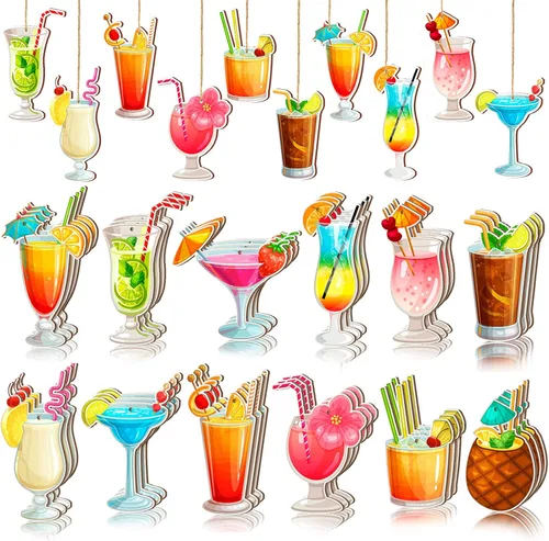 Geelin 36 piezas de adornos colgantes de madera de verano para árbol mini decoración de árbol hawaiano playa colgante de madera con cuerda para