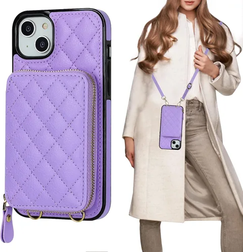 Bocasal Funda tipo cartera cruzada para iPhone 14 Plus, bloqueo RFID, de piel sintética, con cremallera, funda tipo cartera con función atril y