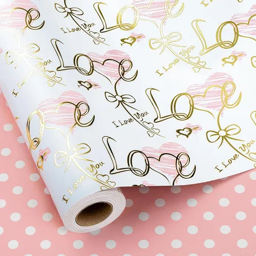 Yarcony Papel de regalo reversible de boda, papel de regalo con temática de corazón, estampado creativo de amor y lazo, envoltura de regalo para el