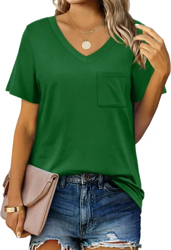 Miniatura 29 de Geifa Camisetas de manga corta con cuello en V para mujer, camisetas casuales de verano con bolsillo