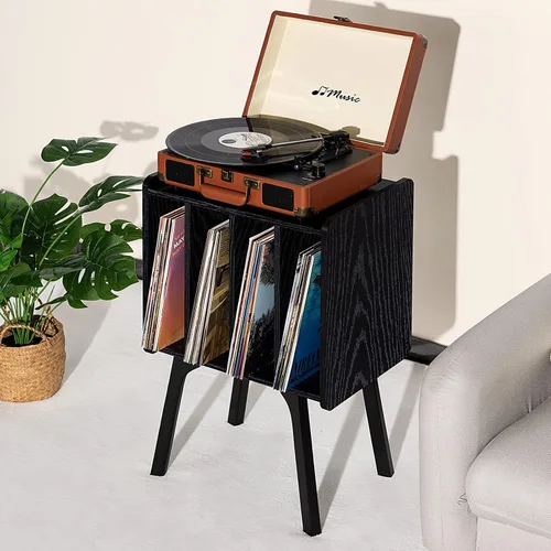 Miniatura 7 de LELELINKY - Soporte pequeño para tocadiscos de 11.7 pulgadas de ancho, mesa de almacenamiento para discos de vinilo color negro con 4 gabinetes