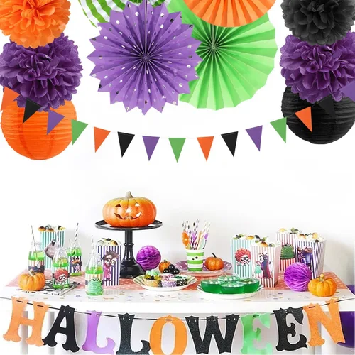 Miniatura 6 de Decoraciones de Halloween en negro, púrpura y naranja-verde - 20 piezas de linternas de papel, pompones de seda, bolas de panal, decoración