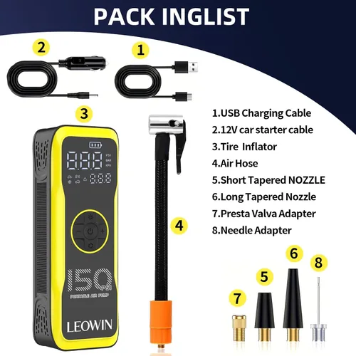 Miniatura 6 de Bomba de aire portátil para neumáticos con medidor digital de presión de neumáticos/luz LED, batería recargable integrada y adaptador de corriente