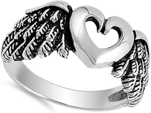 Miniatura 3 de Recorte Corazón Alas De Ángel Anillo de banda de plata de ley 925, Biker tamaños 512