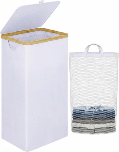 Miniatura 15 de iEGrow - Canasta de lavandería de 150 litros con tapa - Gran canasta de lavandería con asas de bambú, color gris, cestas para lavandería, cesta