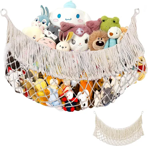 Almacenamiento de animales de peluche de algodón, hamaca de animales de peluche, red de animales de peluche boho para dormitorio (color crema)