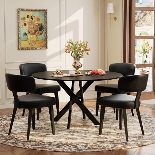 Miniatura 18 de Juego de mesa de comedor de madera para 2, mesa de cocina redonda de 36 pulgadas con 2 sillas de comedor Boucle, mesa de MDF con patas de metal
