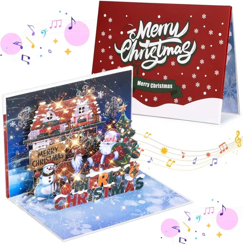 Caffox Tarjeta de Navidad con luces y música, tarjeta de felicitación musical de árbol de Navidad desplegable con sobre, tarjetas divertidas de