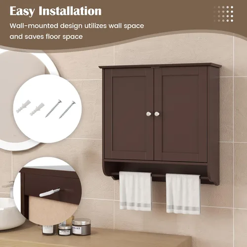 Miniatura 7 de COSTWAY Armario de baño montado en la pared, armario de almacenamiento sobre el inodoro con toallero, 2 puertas y estante ajustable, gabinete