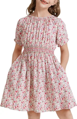 Vestido floral con cintura fruncida para niñas, ropa de juego para la iglesia, vacaciones, vestido midi suave con bolsillos