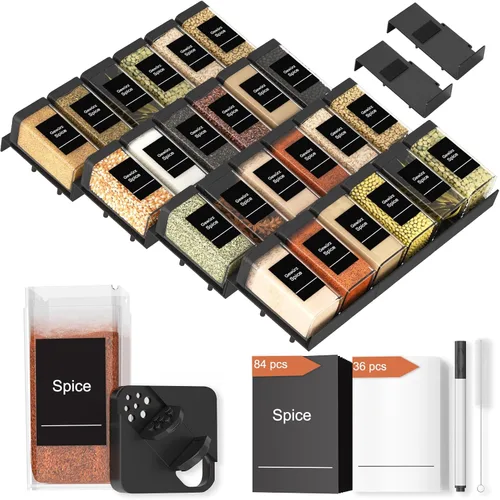 Famhap Organizador de cajones de especias, 24 piezas con 24 tarros y etiquetas de plástico para especias, bandeja de condimentos expandible Negro