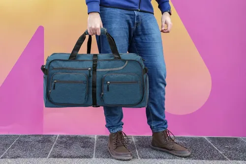 Miniatura 7 de Bolsa de viaje plegable de 65 litros con compartimento para zapatos y bolsillo húmedo, impermeable y resistente a desgarros, A4-azul oscuro