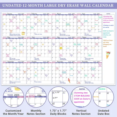 Miniatura 3 de Calendario grande de pared para borrar en seco – Calendario de pared anual sin fecha, 37" x 58", Calendario de pared laminado borrable