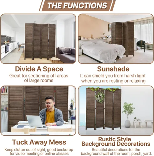 Miniatura 4 de Divisor de habitación de 4 paneles, pantalla de privacidad de madera, divisor de pared interior de 5.75 pies, pantalla de división portátil