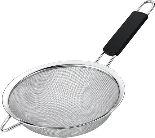Colador de malla fina con mango de goma termoplástica – Tamiz de malla fina de acero inoxidable – Ideal para tamizar harina, azúcar glaseado, frutas