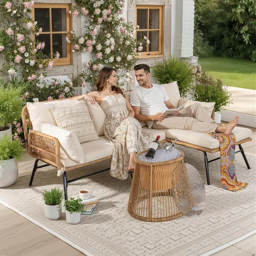 Miniatura 2 de NICESOUL Juego de 3 muebles de patio al aire libre en forma de L estilo bohemio con cómodo cojín de 2 pulgadas de grosor, respaldo alto, capacidad
