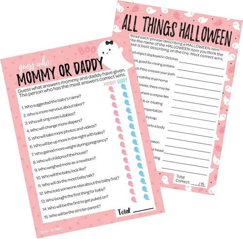 Miniatura 17 de DISTINCTIVS Blue Little Boo is Almost Due Halloween Boy Baby Shower Game Pack – 20 tarjetas de doble cara – Qué hay en tu teléfono y palabras